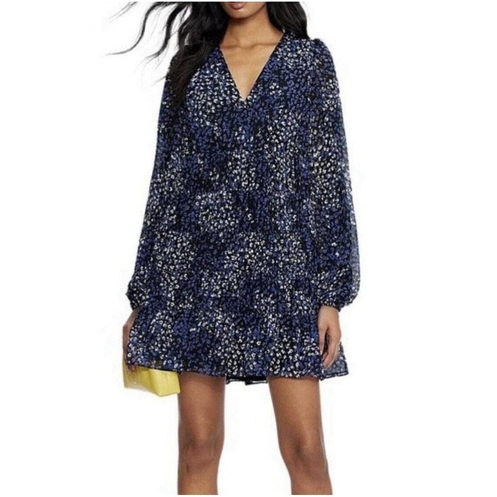 Ted‎ Baker Trissa Tiered Mini Dress Sz 1 US 4 -6 UK8-10 Blue Black Lined V Neck